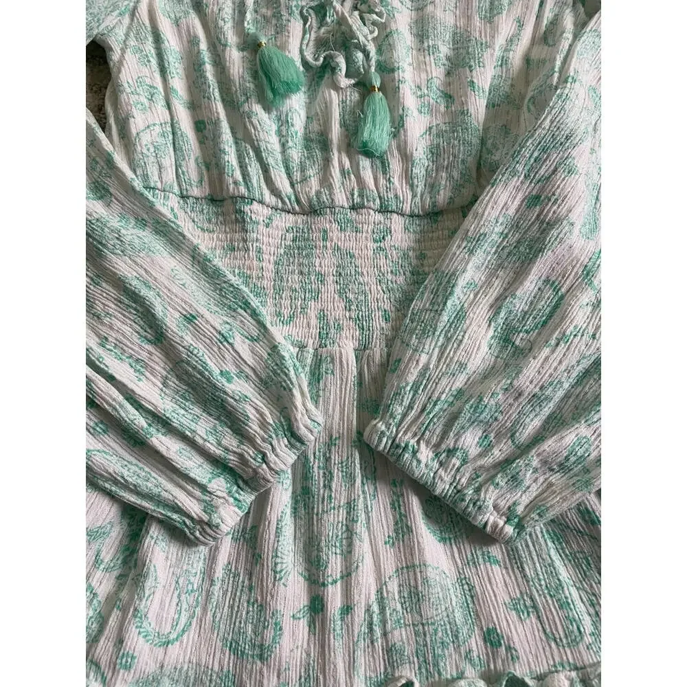 House of Harlow 1960 Paisley Long Sleeve Ruffle Smocked Mini Dress Mint Green S - Picture 5 of 9